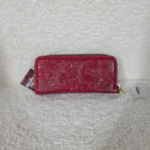 Red Floral Embossed Leather Double Zip Wallet