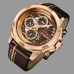 Naviforce Men's NV02-03 Chronograph Watch with Red Accents on Black Leather Strap Water-Resistant 30M Analog Auto Date Complete Calendar Week Display