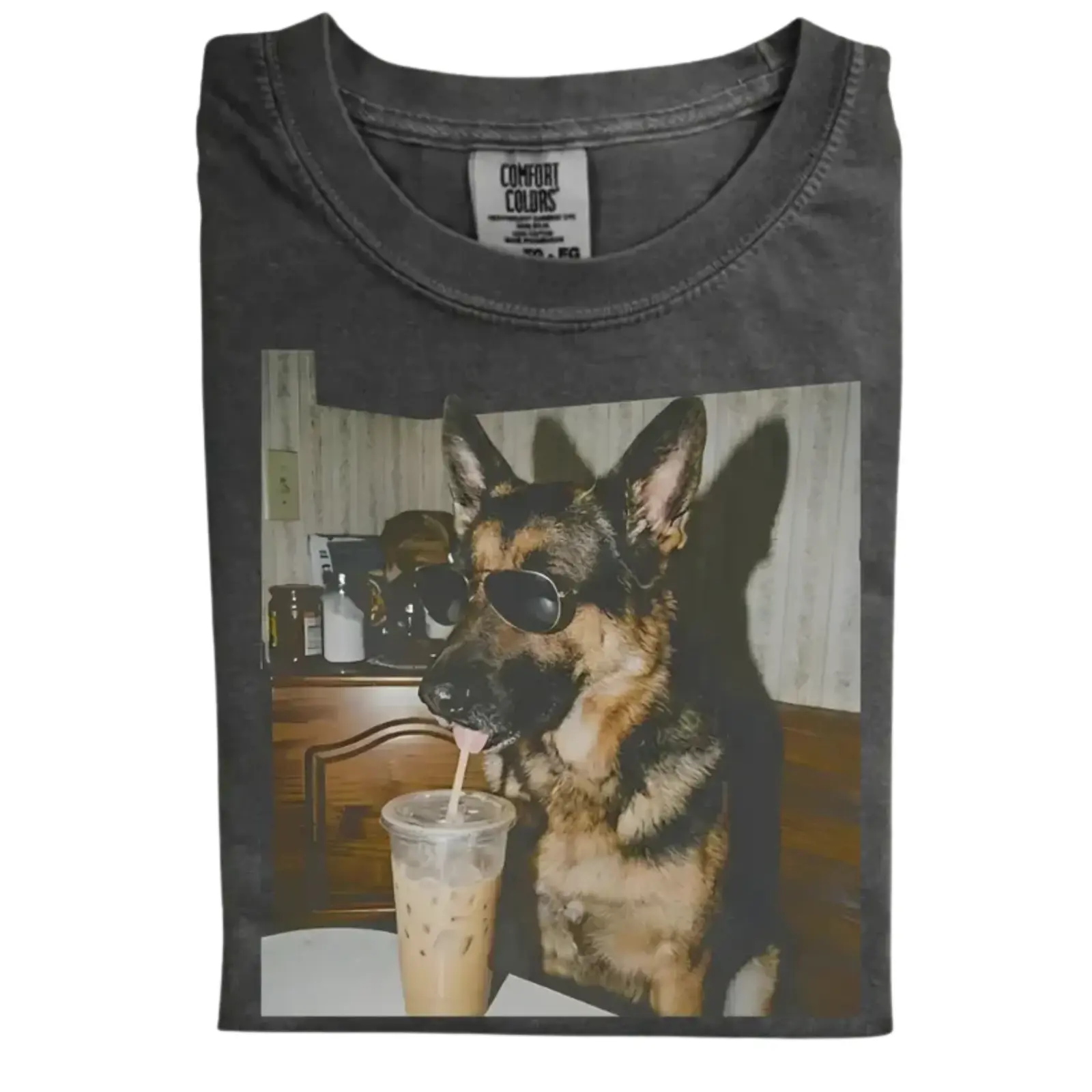 German Shepherd Drinking Iced Coffee Comfort Colors T-shirt, Vintage 90s Funny Edgy Dog Meme Tee, Unisex Fit Design, Casual Streetwear, Unique Pet Lover Gift
