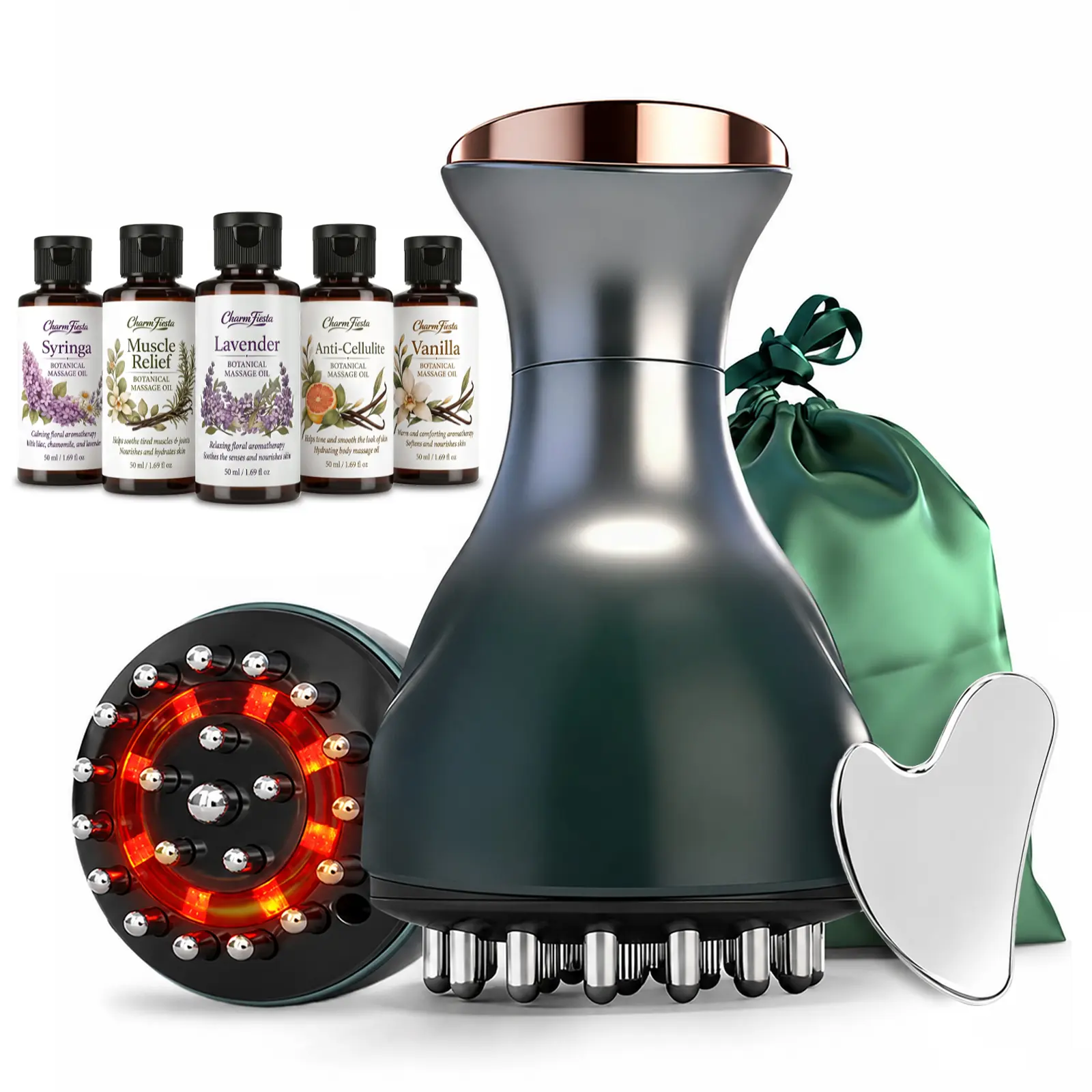 Professional Handheld Massager Kit with 5 x 50ml Massage Oils (Lavender, Vanilla, Sore Muscle, Syringa & Helps Smooth The Appearance of Cellulite) and Gua Sha Tool for Muscle & Vibration for Full-Body Care on Neck, Back, Arms, Waist, Belly & Legs