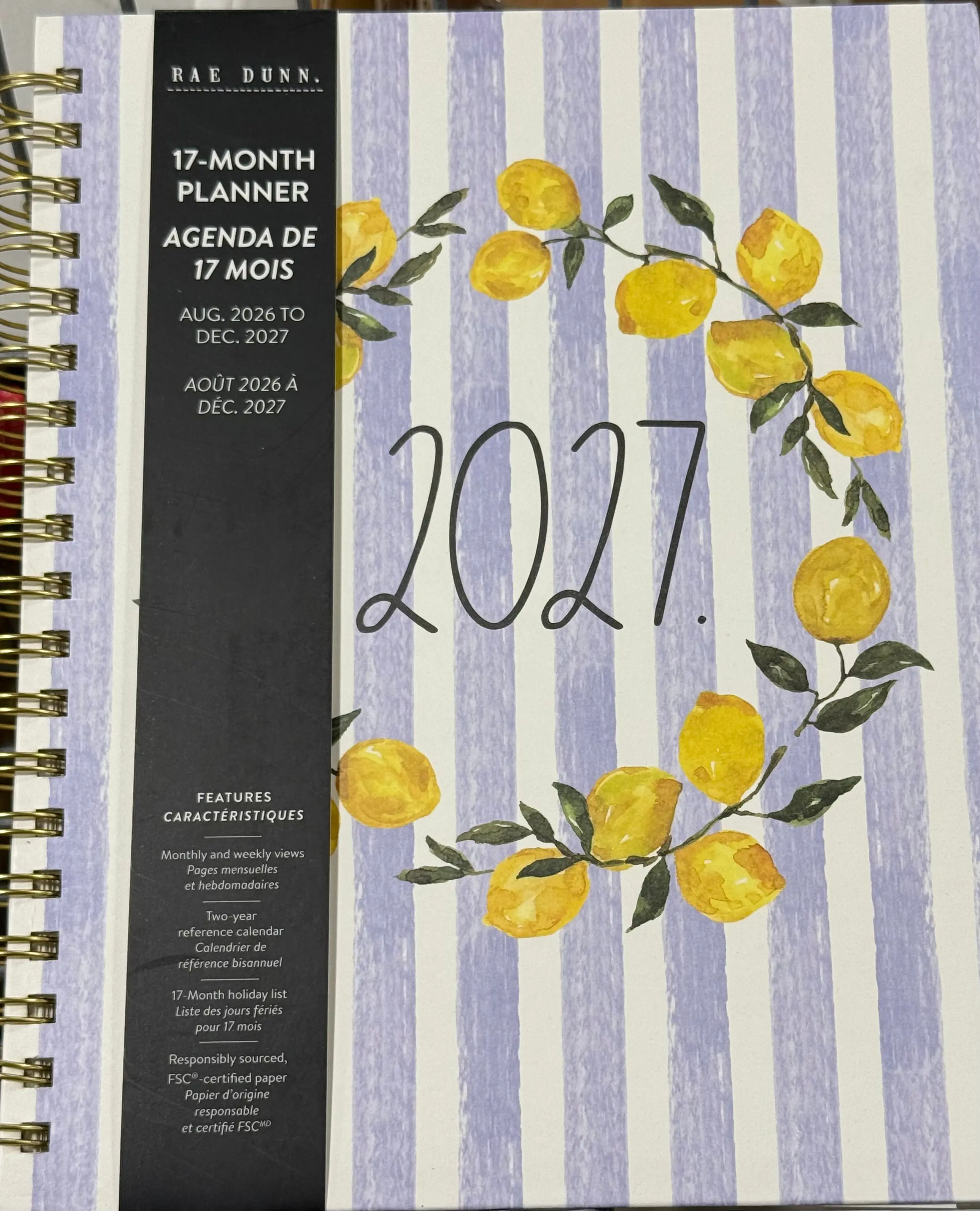 New Rae Dunn 8x10 spiral hardback 2026-2027 Planner-striped lemon