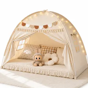49x77x40cm Golden Beige Large Twin Bed Canopy Tent with Lights, Flags - Toddler Indoor Privacy Play & Sleeping Tent, Soft Creative Imaginative Kids Bedroom & Outdoor Playhouse (Leisure & Outdoor Recreation Equipment)