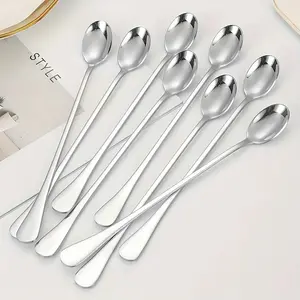 5pcs Stainless Steel Long Handle Ice Tea Spoon, Coffee Spoon, Ice Cream Stirring Spoon, Dishwasher Safe, Kitchen Accessories, Utensils, Flatware Set