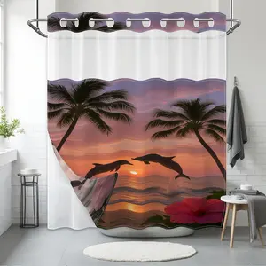 1 Pack No Hook Double Layer Shower Curtain, Sunset Beach Dolphin Print Bath Curtain, Machine Washable, Waterproof, Mildew Resistant, Durable Fabric, Coastal Vacation Bathroom Decor, Removable Liner, Top See-Through Window, Partition Curtain 71"×74"