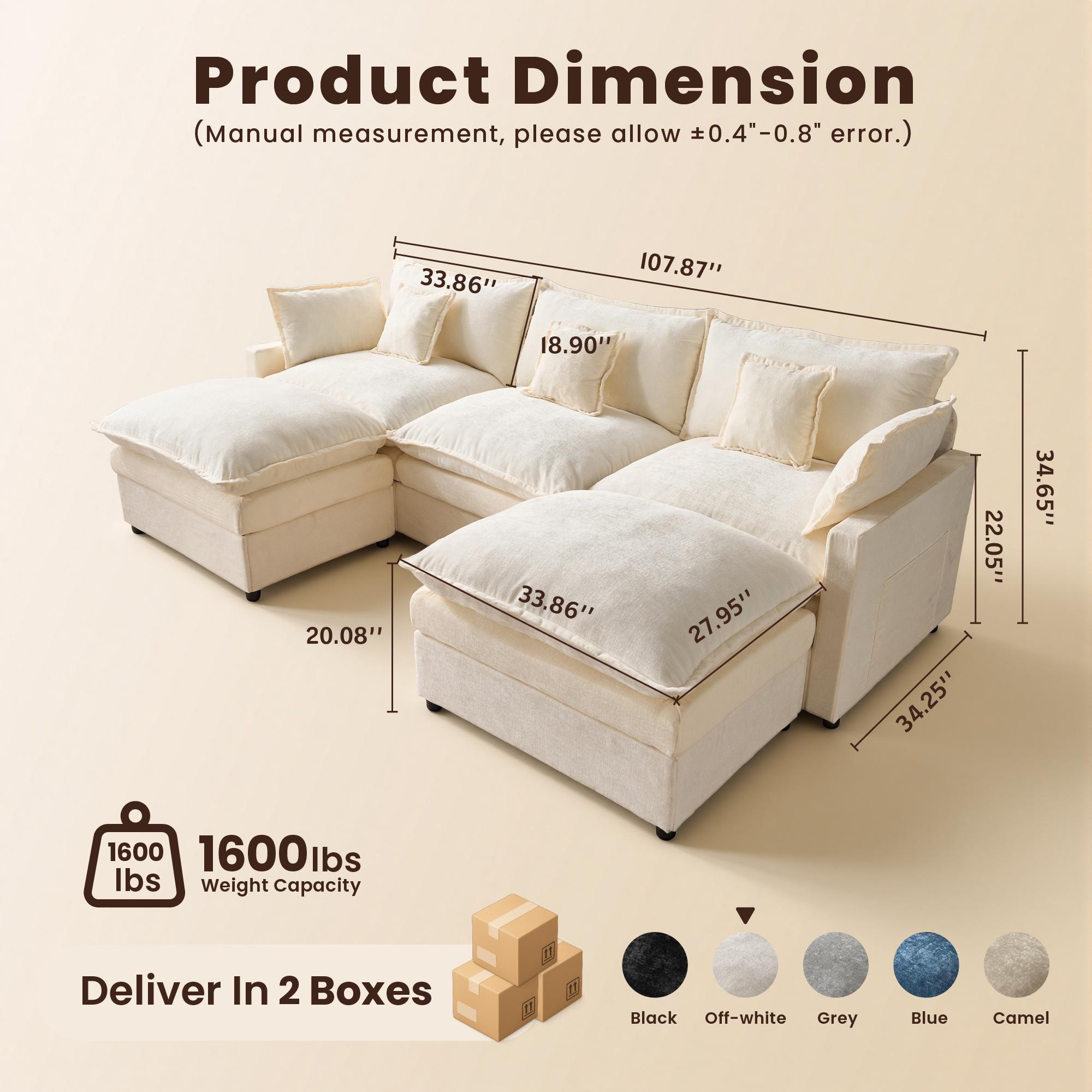 【2 Packages Shipping】OVIOS 108" U-Shaped Modern Sofa Modular Sectional Cloud Couch with 2 Ottoman, Comfy Chenille Deep Seat Sofa Bed for Living Room, Bedroom and Apartment, 5 Pillows Included