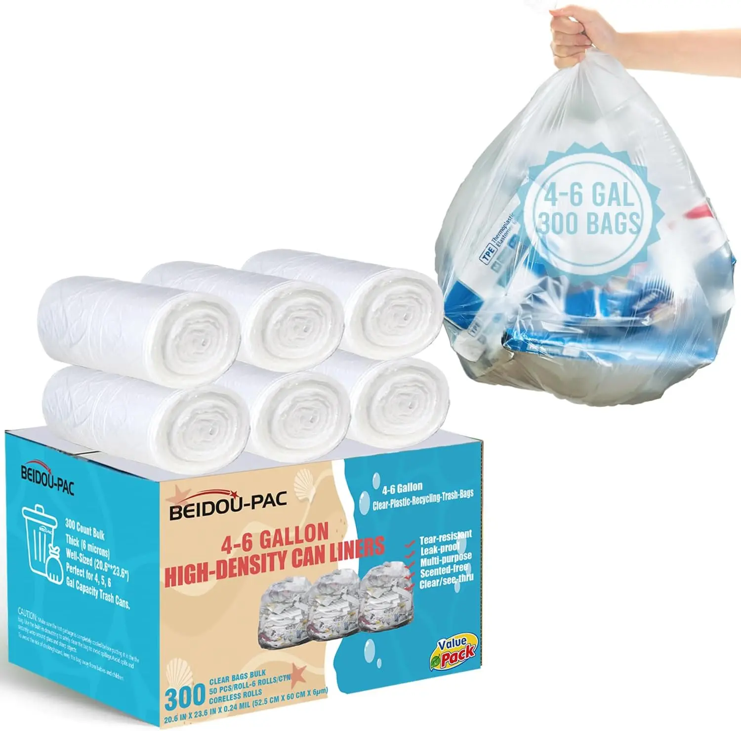 BEIDOU-PAC 4-6 Gal Clear Plastic Trash Bags, 300-Count Bulk Box, Multi-Purpose Recycling Bags for Home & Business Use