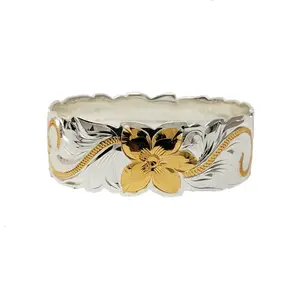 Silver Two-Tone Gold Plumeria Scroll Cut-Out Edge Bangle, 22mm