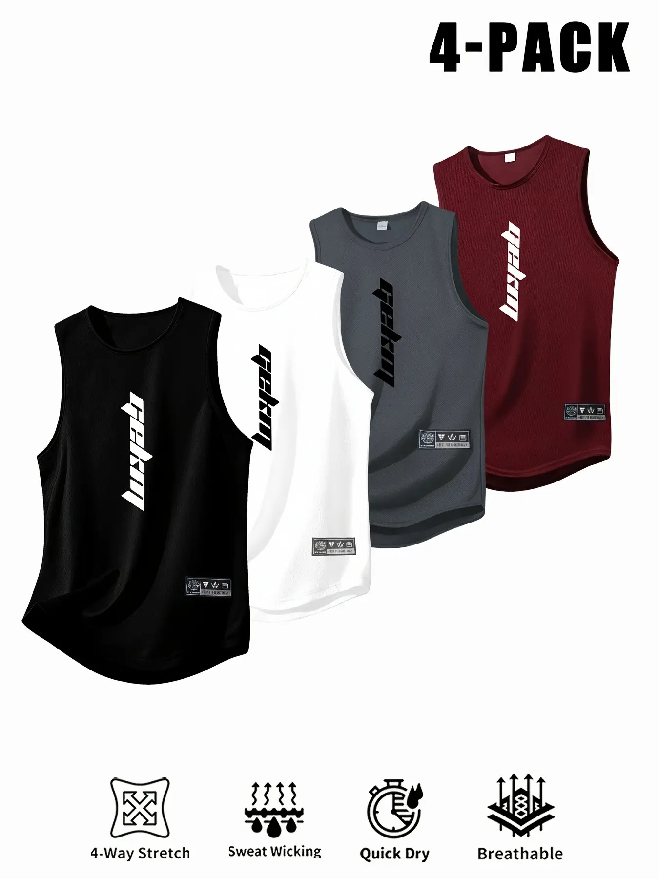 4-Pack Men's Casual Sleeveless Tank Tops, Workout Tank, Gymwear Tanks, Multi-Color Letter Print, Breathable Quick-Dry, Ideal for Gym & Running, Dry Fit Sleeveless, Sleeveless Sports Wear