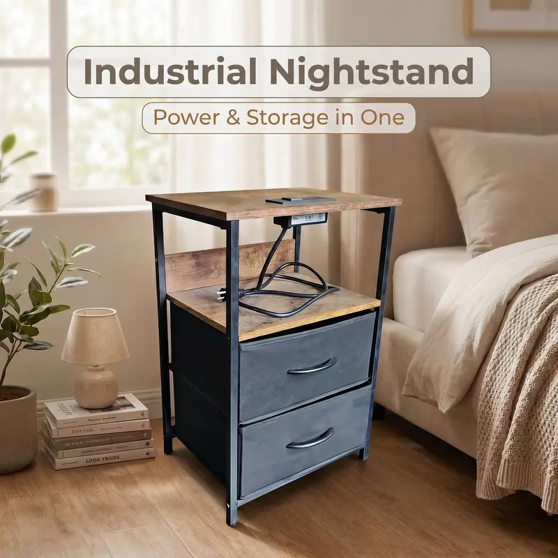 Bedroom Nightstand with Charging Station, USB Ports, Outlets, Fabric Drawers, Open Shelf  Indoor Bedside Si de End Table, TV Stand for Bedroom