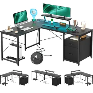 Cyclysio L-Shaped Desk with Power Outlet and LED Strip, Reversible File Drawer and Monitor Stand, Gaming Table Writing Desk for Home Office Workstation
