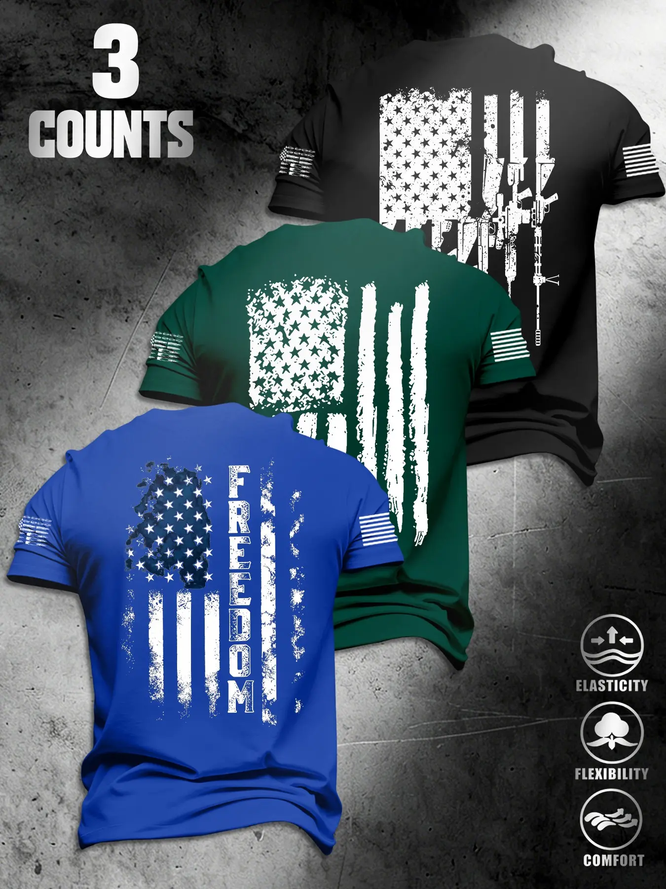 American Tactical Gun Flag Print Men's T-Shirt, Athletic Fit Shirts 3-Pack Breathable Sport Sleeveless Tops, Patriotic Summer Daily Wear, Breathable Athletic Top, Breathable Sportswear, Athletic Streetwear