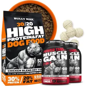 High Performance Dog Food + Muscle Builder Supplement - Premium High-Protein Dry Dog Food for All Ages (15lb. Bag) with Chewable Tablets for Muscle Gain (2 Bottles, 60tabs/Bottle)