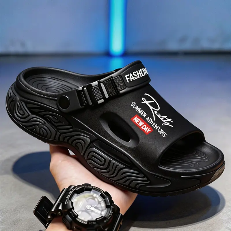 Men's Fashion EVA Slide Slippers - Thick Sole, Soft Cushion, Quick-Dry, Waterproof, Lightweight Walking Shoes for Daily Casual, Beach, Party Use with Letters Design, Lightweight Slippers, Slippers Shoes Black Boy