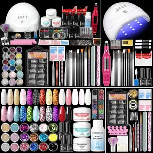 Acrylic Nail Kit with Drill and U V Light, Professional Nail Kit Acrylic Set for beginners with Everything 3PC Powder 24PC Glitter Fake Tips Decoration Nails Set DIY Home Salon