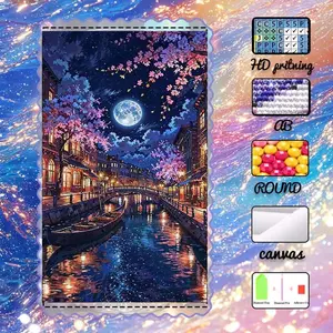 DIY 5D flocking diamond painting kit, AB diamonds, fairy dust diamonds, crystal diamonds, night scene, moon, cherry blossoms, diamond embroidery, special craft art kit, wall decor, Handmade Gifts, gift for family, loved ones, friends.