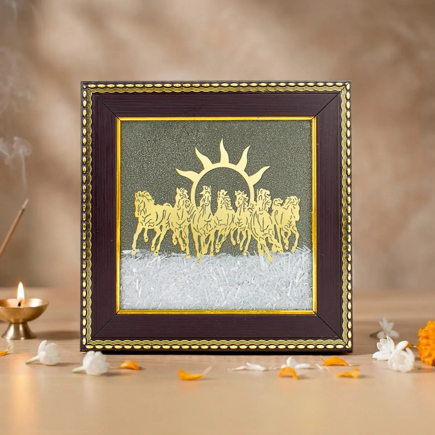 Astrotalk Wealth Success 7 Horses Pyrite & Selenite Frame | Feng Shui Wall Decor with Pyrite and Selenite Dust | Running Horses Statement Piece | Office Living Room Vastu Frame | East Facing Career Growth Decor | Housewarming Gift