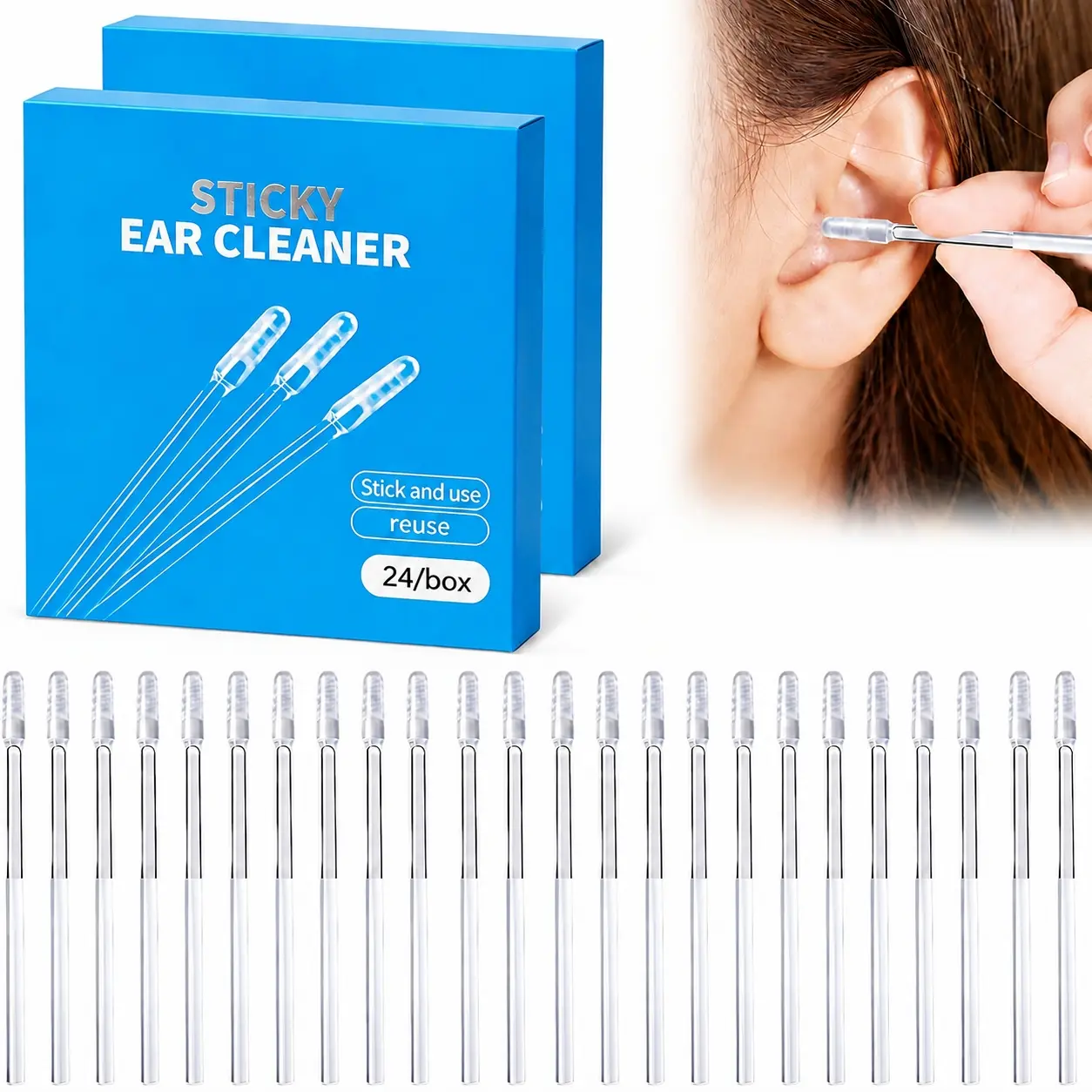 72/48/24-Pieces Sticky Ear Cleaning Stick, Reusable Ear Cleaning Tool (1 Set/24 PCS) | 2026 Upgraded Earwax Removal Adhesive Swabs, GentleEar Wax Removal Tools for Adults, Home