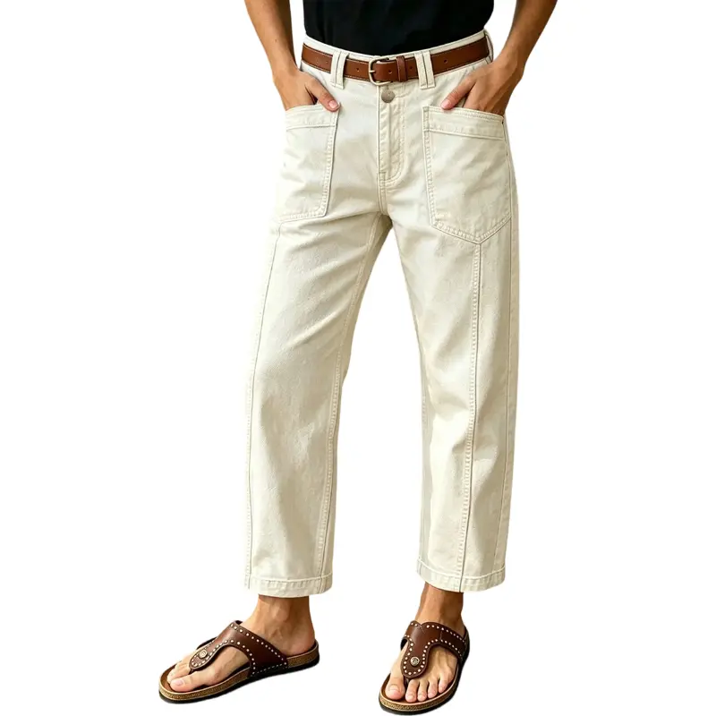 Flamingals Solid Stitch Detail Patched Pocket Mid Waist Straight Leg Crop Pants Without Belt Womenswear Stretchy 25" Inseam