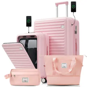 4-Piece Luggage Set with USB Charging Ports 20in Carry-On Front-Opening for Laptop 28in Checked Suitcase TSA Lock Travel Duffel Bag Wet-Dry Toiletry Bag Pink