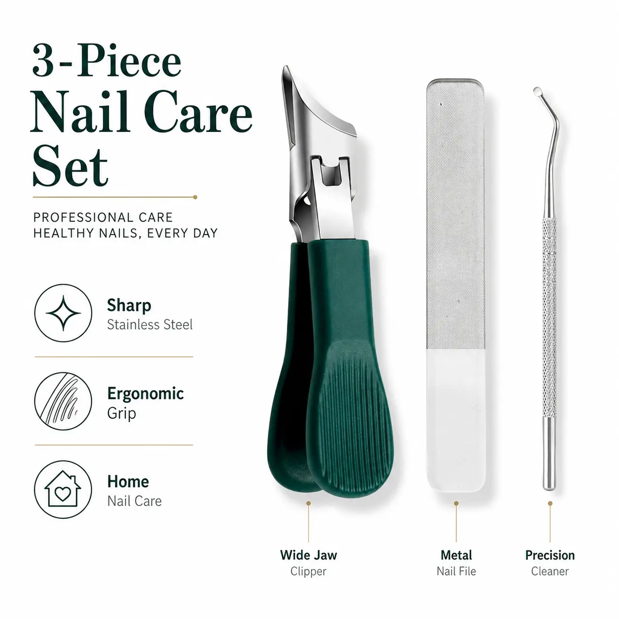 Nail Care Tool Set Thick Nail Clipper Ingrown Nail Lifter and Nail File Large Opening Anti Splash Beveled Eagle Beak Design for Thick and Hard Nails