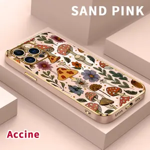 Case for iPhone 15 Pro Max 16 14 Plus 13 12 11 X XS Max XR Forest Mushroom Luxury Golden Edge Elecroplated TPU Camera Lens Protection Mobile Phone Cover Gift for
