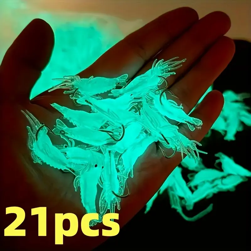 21pcs Glow-in-the-Dark Shrimp Lures | Soft Silicone Bait with Hook for Fresh and Saltwater Fishing, Ideal for Bass, Trout, Pike, and Other Fish | Fishing Lure Set | Fishing Lure Kit