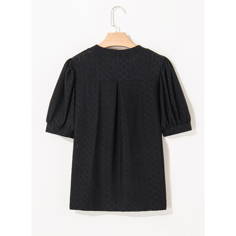 Dokotoo Women's Summer Business Casual Blouses V Neck Short Sleeve Shirts Hollow Out Cute Lace Tops Loose Fit Breathable Fabric