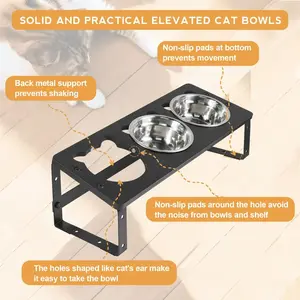 Adjustable 15° Tilted Elevated Cat Bowls - Raised Cat Bowls Stand with Silicone Food Mat & 3 Stainless Steel Cat Dishes for Food and Water, Anti-Vomiting for Indoor Cats and Small Pets 6.35*5.9*16.2 in