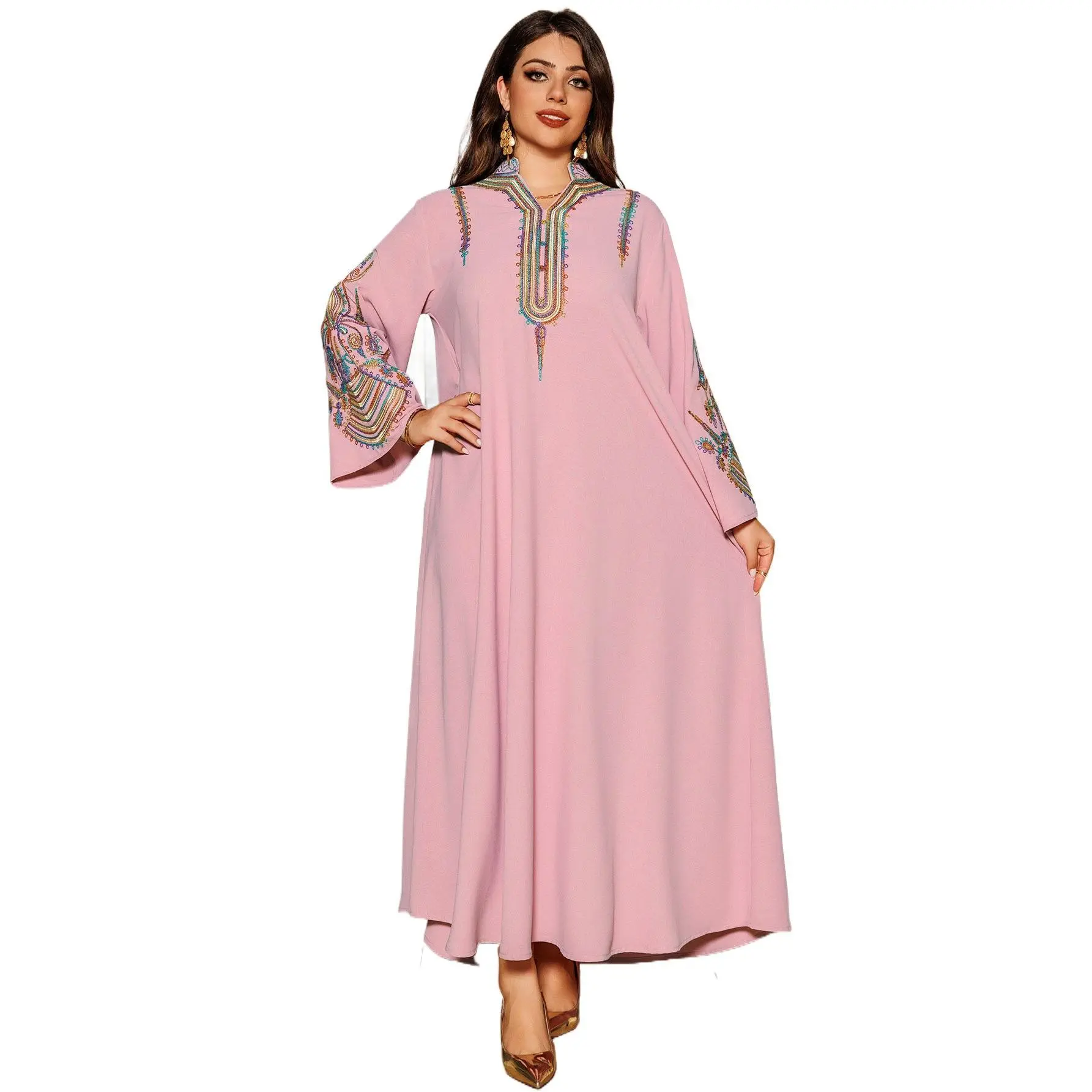 Moroccan Style Abaya for Women, Light Pink Modest Cotton Kaftan with Multicolored Rope Embroidery, Casual Muslim Dress, All Seasons, Floral, Arabian Gatherings