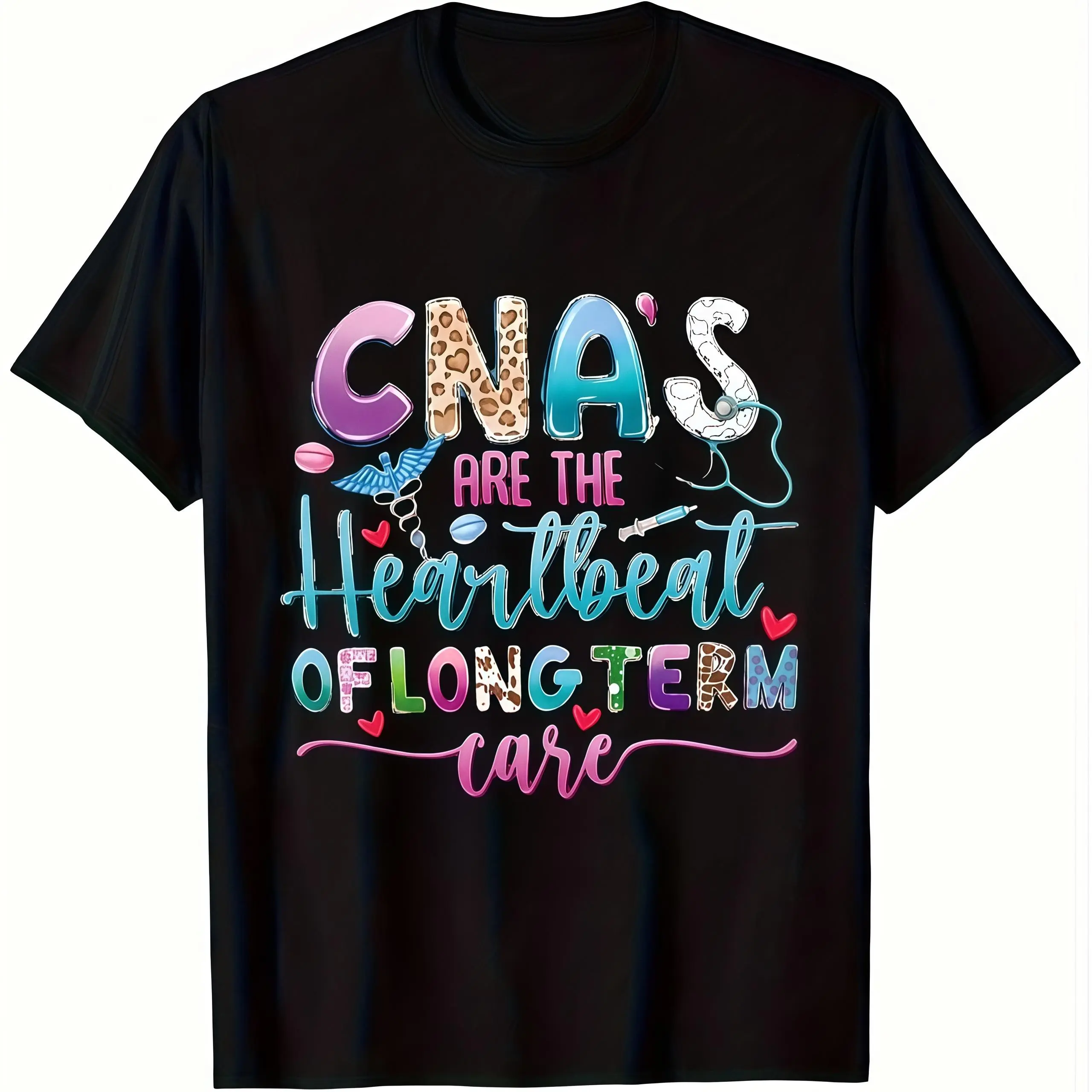 Breathable Soft Relaxed-Fit Short-Sleeve Tshirt - Casual Beach Everyday Top, Certified Nursing Assistant Gift for Medical Workers with "CNA Is The Heartbeat Of Long Term Care" Colorful Graphic, Prints
