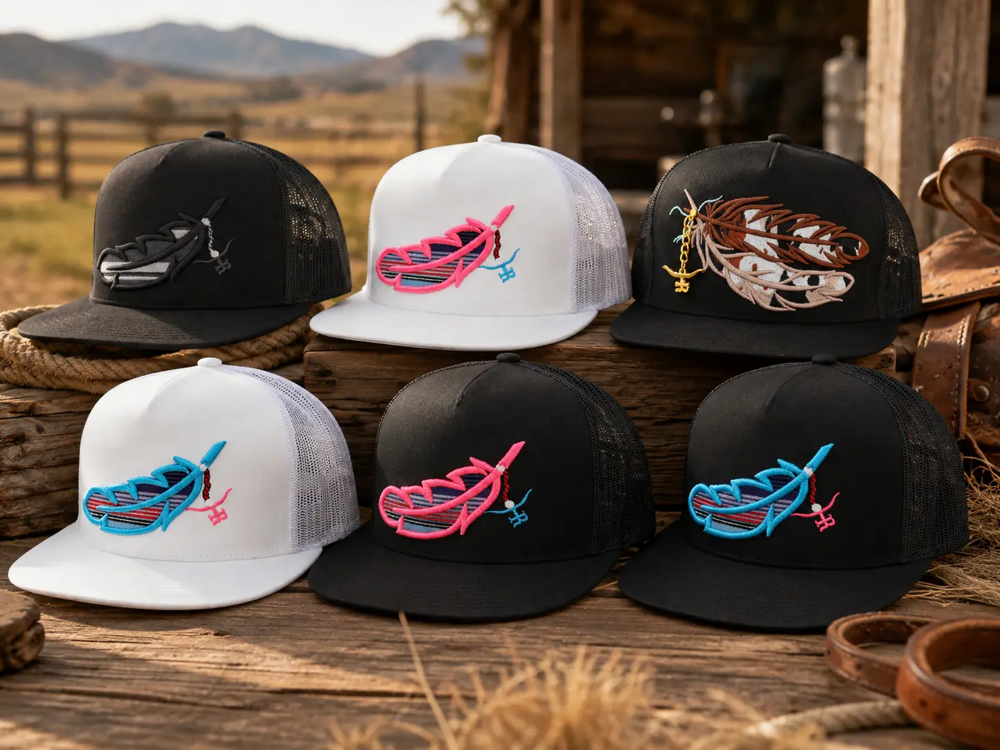 [ BUY 2 FOR 1 PRICE ] Embroidered Feather Trucker Hat, Western Boho Mesh Snapback Cap, Colorful Feather Graphic Hat, Outdoor Casual Cap, Gift for Men & Women