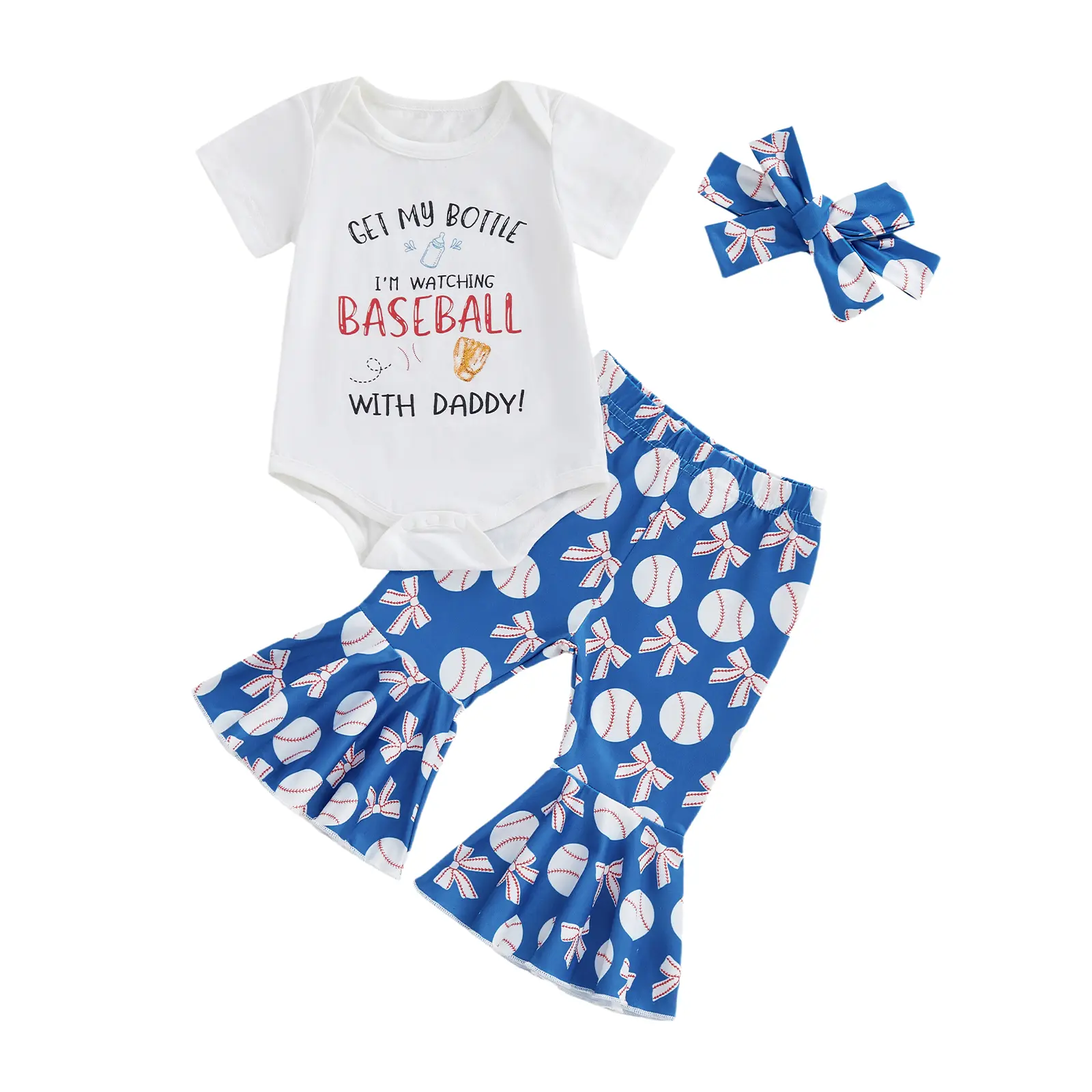 [Lullaby] Baby Girl 3-Piece Summer Baby Clothing Set - Short Sleeve Tops Romper with Baseball Pattern, Flare Pants, Bow Headband