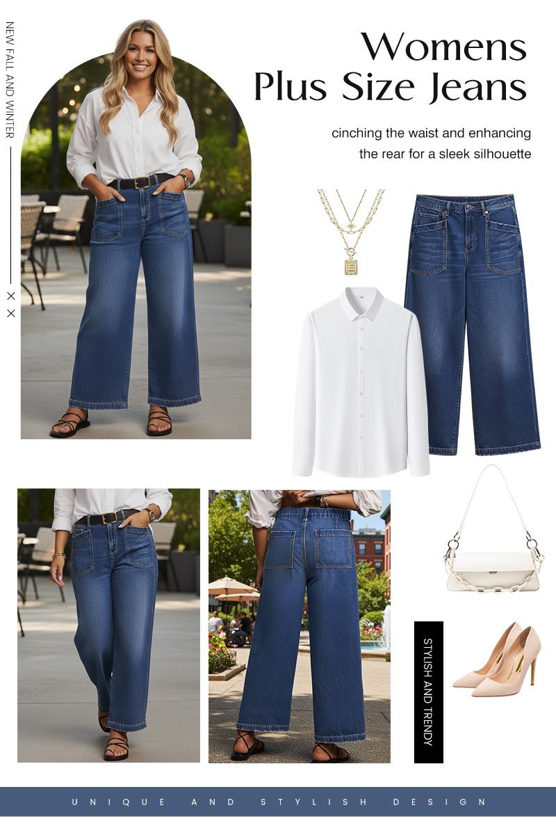 Eytino Plus Size Jeans for Women High Waisted Wide Leg Jeans Trendy Baggy Loose Stretchy Denim Pants with Pockets(1X-5X)