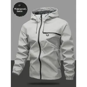 Men's Waterproof Windproof Solid Zip Front Hooded Jacket, Casual Long Sleeve Zipper Pocket Design, Outdoor Activity Coat, Fall Fashion