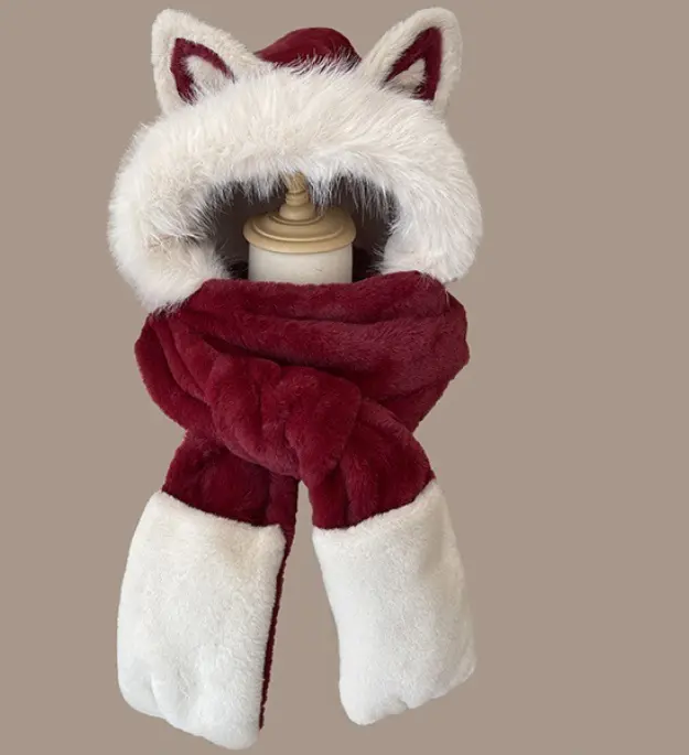 Plush Hat for Women Winter Fox Ears Cute Scarf Integrated Hat with Fleece Lining Warm Windproof Outdoor Cycling Hat