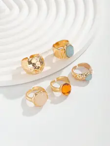 French Vintage Color Gem Ring Set, Antique Hammered Gold Plated Open Rings, Multi-Color Crystal Inlay, Adjustable Fade-Resistant Design