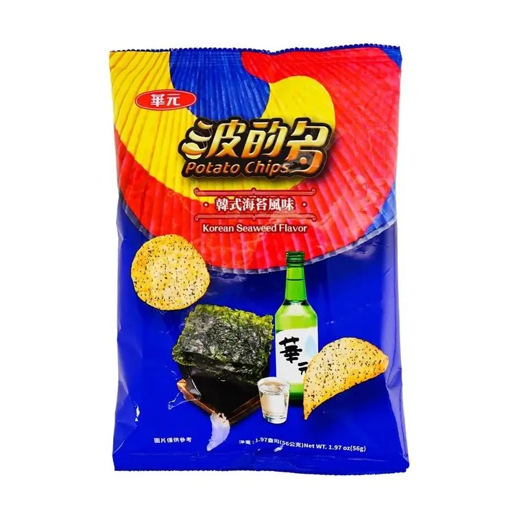 Hua Yuan Crunchy Salty-Savory Potato Chips - Korean Seaweed Powder Flavor - 56g Ambient Temp Crispy Snacks