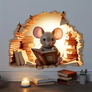 Cartoon Mouse Reading Book Pattern Wall Sticker, Creative Removable Waterproof Wall Decal, Decorative Sticker for Home Living Room Bedroom, Ornaments