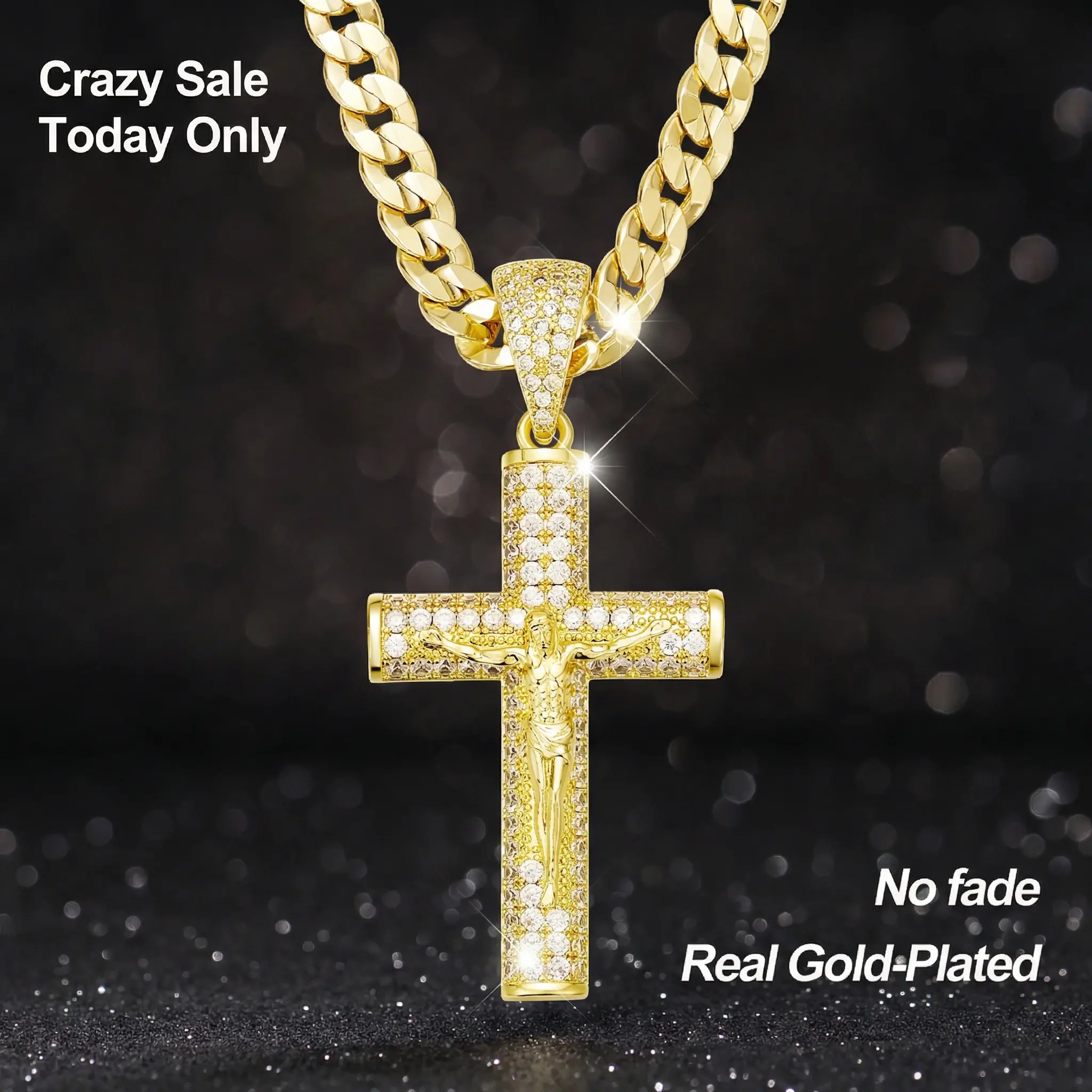 14k Real Gold-Plated Cuban, Figaro, Miami Cross with Jesus Christ Crucifix, 24 inches Long and 6mm Wide, Handcrafted Polishing and Multiple Electroplating Daily Wear Necklace