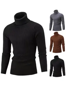 Men's Slim-Fit Turtleneck Rib Knit Soft Casual Long-Sleeved Pullover Sweater 95% Polyester 5% Cotton Lightweight Modern Basic Thermal for Cold Weather
