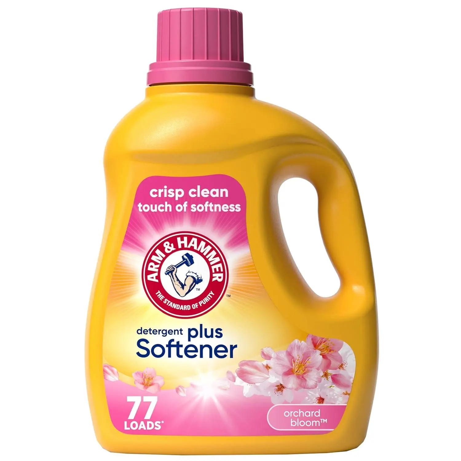 ARM & HAMMER Plus Softener Detergent, Orchard Bloom, 100.5 Fl Oz, 77 loads | 3-in-1 liquid laundry detergent plus fabric softener, no separate softener needed, Stain Fighters, HE Compatible, floral