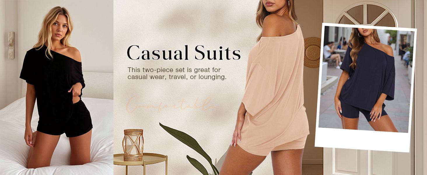 Fisoew Women’s Casual Two Piece Lounge Set Off Shoulder Top & Fitted Shorts Springtok SpringStatements