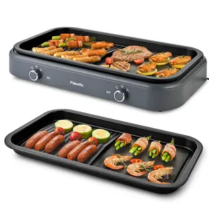 Pukomc 2-in-1 Electric Grill: Reversible non-stick grill/griddle, adjustable temp, detachable & dishwasher-safe. 1500W, stainless steel, drip tray, separate temp control.