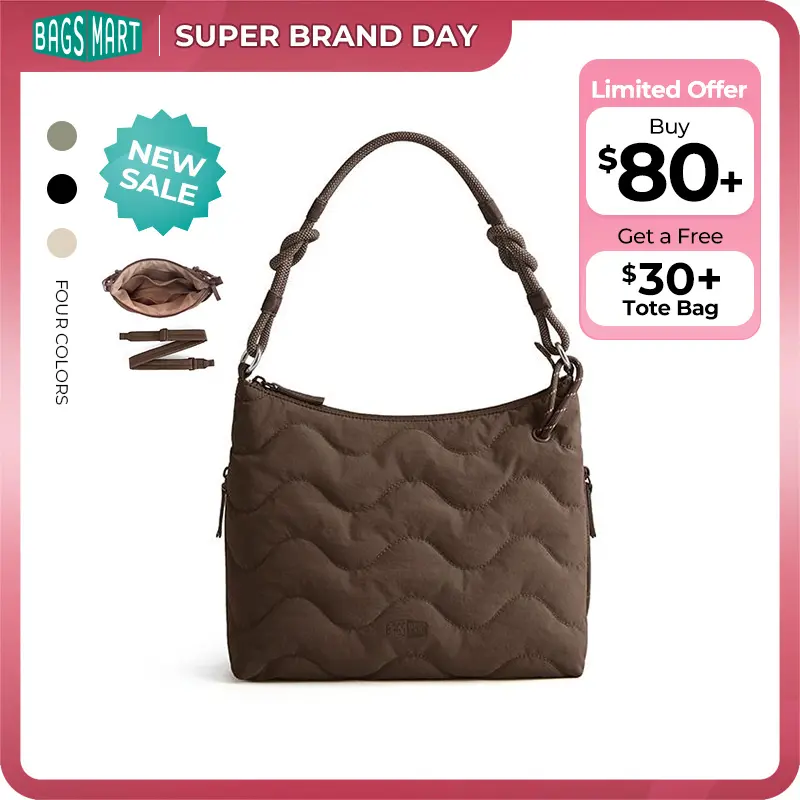BAGSMART TRINI Women's Quilted Shoulder Hobo Bag - 2-Way Carry, Wave Quilted Design, Hidden Zip Pockets, Charm Hole Detail, Fits 11" iPad, Lightweight for Work & Travel Super Brand Day tiktokshopbacktoschool