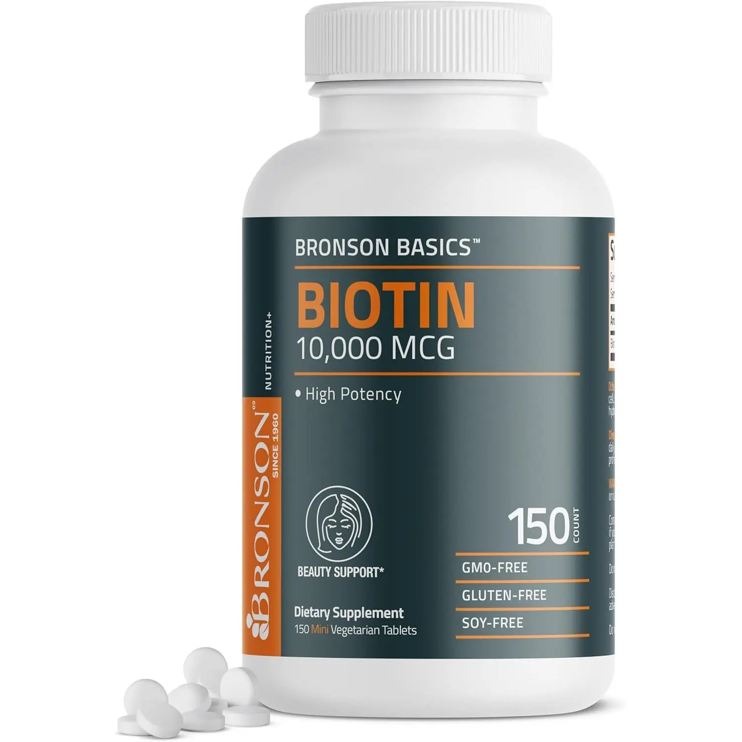 Bronson Labs Biotin 10,000mcg Dietary Supplement - 150 Tablets, Vegetarian, Non-GMO, Single Item, Daily Supplemental Nutrition Support for Adult Hair, Nail & Skin Care