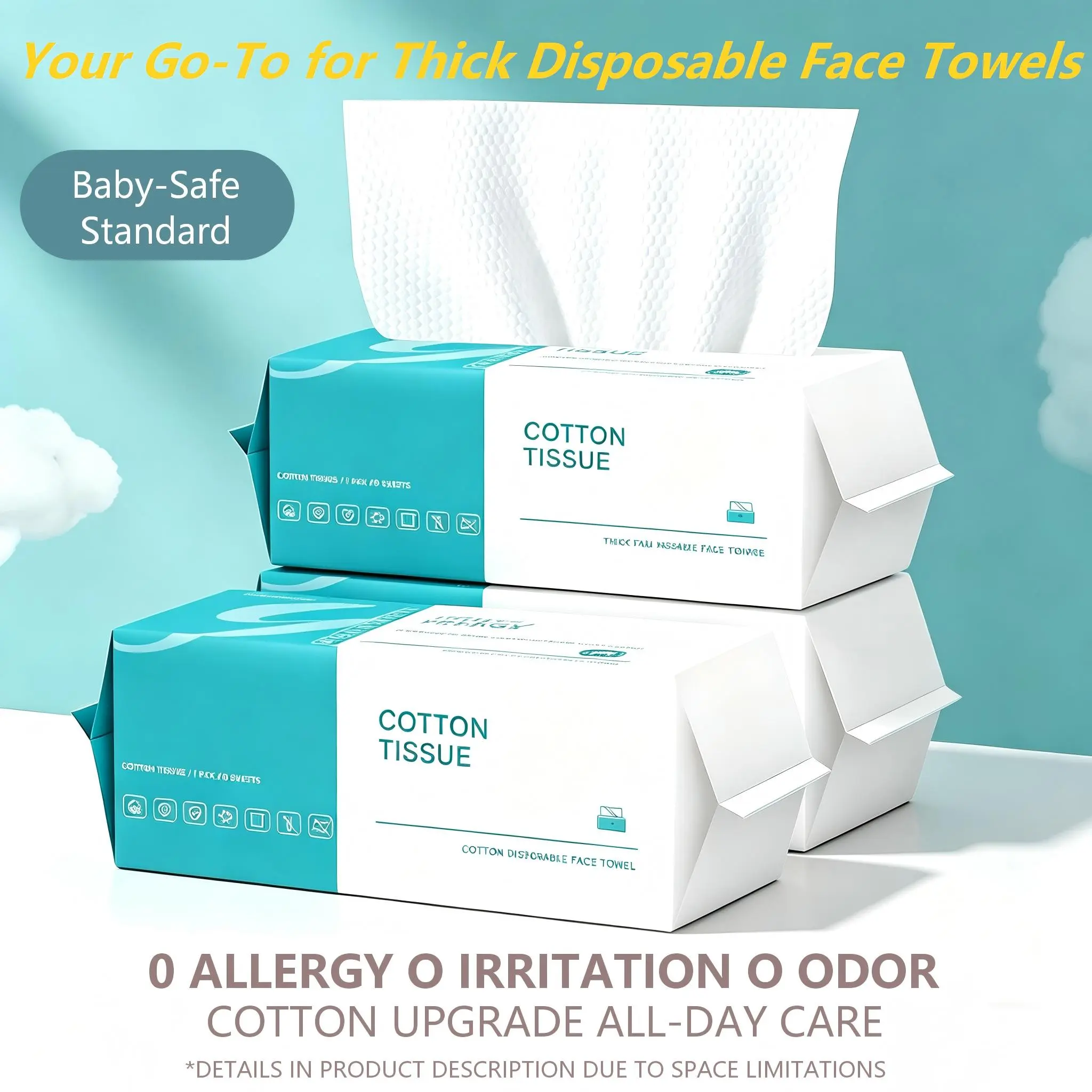 100% Pure Cotton Disposable Facial Towel Sheets, 60-Count Oversize Pack - Thick, Soft, Smooth Flat Side, Lint-Free, Multifunctional Soothing Cleanser for Sensitive & Baby Skin, 3x Water-Absorbent Bathroom Home Supply, Sheet