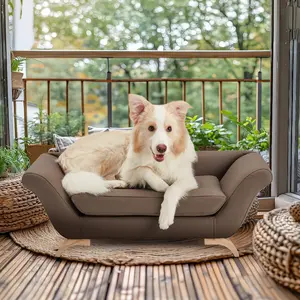 Leather Pet Couch with Scratching Resistant Surface for Dogs, Modern Dog Beds with Removable Washable Cover for Medium & Small Sized Animals, Brown