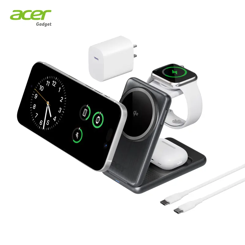Acer S3 Palm-Size Folding 3-in-1 Wireless Mobile Charger - Qi2 15W Certified, MagSafe Compatible, Smartphone Charging for iPhone 17/16, Smart Watches, Wireless Earbuds, Includes Plug, Adapter, Stand (Non-Battery, Grey)
