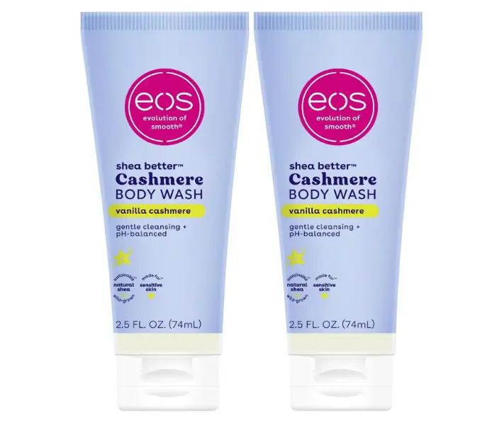 eos Travel Vanilla Cashmere Body Wash- Travel Size Essential, Toiletries, Mini Body Wash, 2.5 fl oz (Pack of 2)