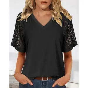 Angerella Women's Short Sleeve Lace Tops Dressy Casual V-Neck Tunic Blouses Loose Fit Business Casual Pleated T-Shirts Summer Work